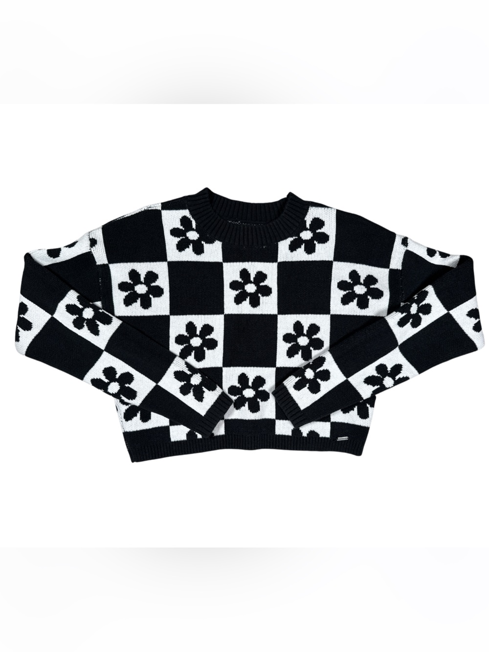 Hollister XS Black White Checkered Flower Crop Sweater - Y2K Cozy Knit - Picture 2 of 11